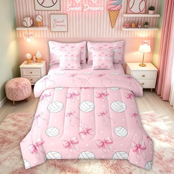 Feelyou Watercolor Volleyball Twin Bedding for Girls, Girly Pink Bow-tie Bedding Comforter Set, Pink Reversible, 7 Pieces