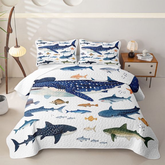 Feelyou Watercolor Whale Shark Twin Quilt Set for Boys Girls, Tropical Coral Animal Twin Coverlet Set, White Blue, 2 Pieces