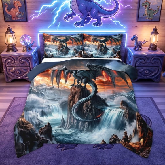 Feelyou Waterfall Dragon Animal Queen Comforter Set for Men Women Kids, Sky Sunset Mountain Bedding Comforter Set, Grey Orange, Blue Reversible, 3 Pieces
