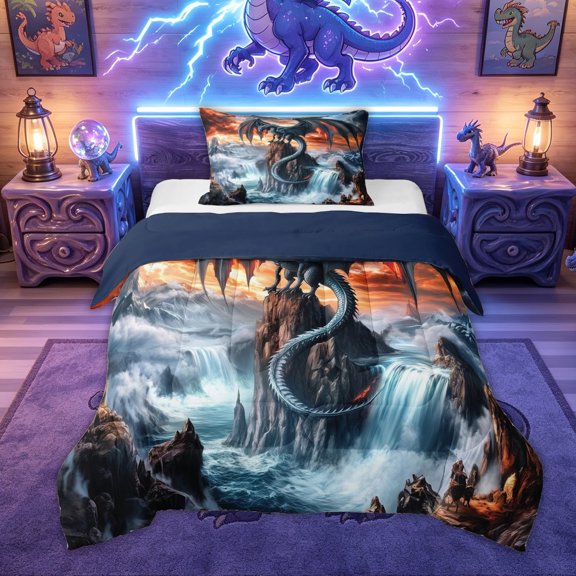 Feelyou Waterfall Dragon Animal Twin Comforter Sets for Men Women Kids, Sky Sunset Mountain Bedding Set, Grey Orange, Blue Reversible, 2 Pieces