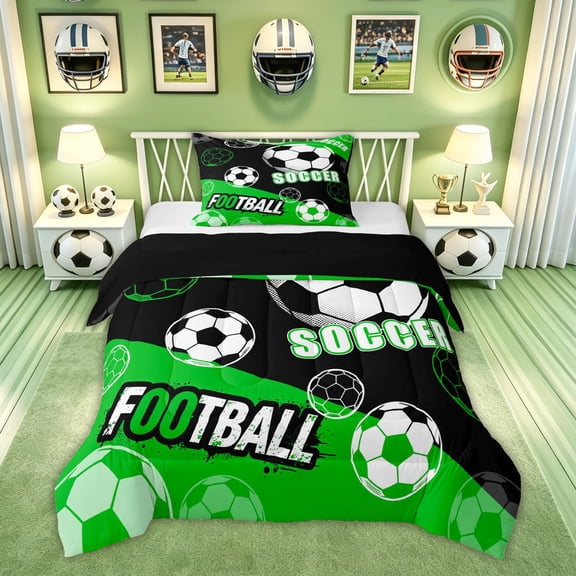 Feelyou Wateroclor Sport Soccer Twin Comforter Sets for Boys, Black and Green Bedding Set, Black Reversible, 2 Pieces, 1 Comforter and 1 Pillowcase