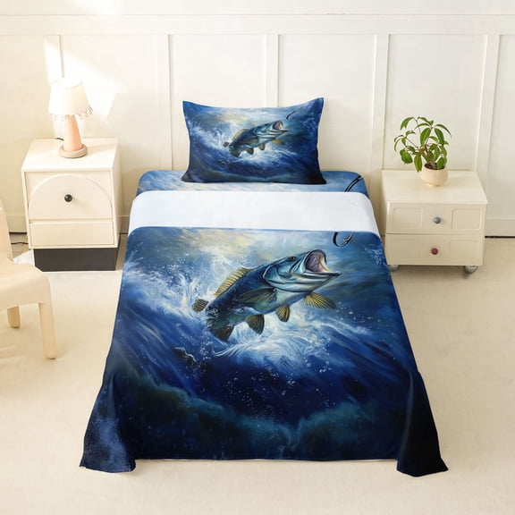 Feelyou Wave Splash Jumping Bass Fish Twin Sheet Sets for Men Women Kids, Sky Lake Wildlife Bedding, Blue, 3-Piece