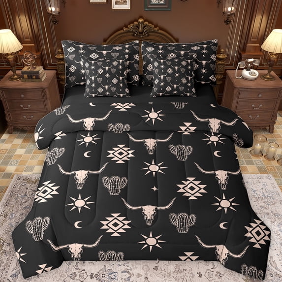 Feelyou Western Aztec Adult Bedding Comforter Set 7 Pieces, Tribal Sheep Skeleton Full Bedding Set, Black Brown Abstract Triangle Reversible Fitted Sheet Flat Sheet, Super Cozy Room Decor