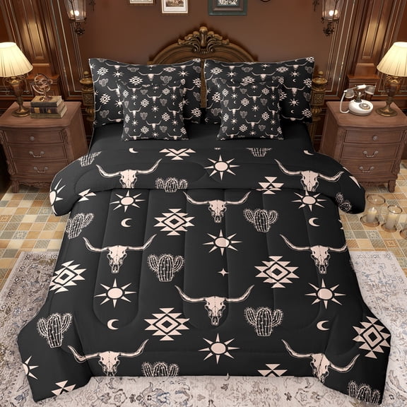 Feelyou Western Aztec Adult Bedding Comforter Set 7pcs, Tribal Sheep Skeleton Queen Bedding Sets, Black Brown Abstract Triangle Reversible Queen Sheet Sets, Super Cozy Room Decor