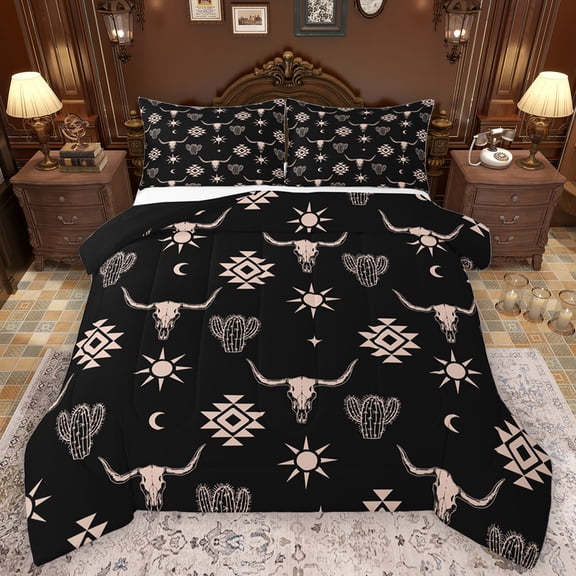 Feelyou Western Aztec Adult Bedding Comforter Set, Tribal Sheep Skeleton Twin Comforter Sets, Black Brown Abstract Triangle Reversible Bedding Set, Super Cozy Room Decor, 2-Piece