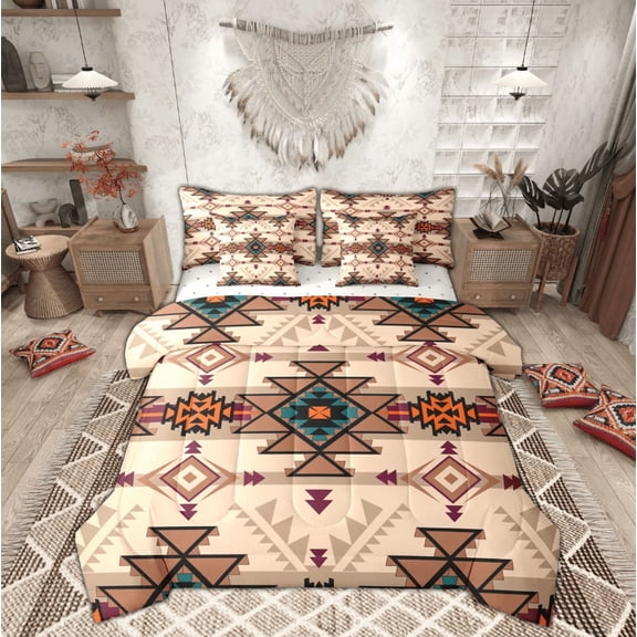 Feelyou Western Aztec Bedding Comforter Set 7pcs, Tribal Triangle Queen Bedding Sets, Bohemian Mandala Style Queen Sheet Sets, Lightweight Room Decor
