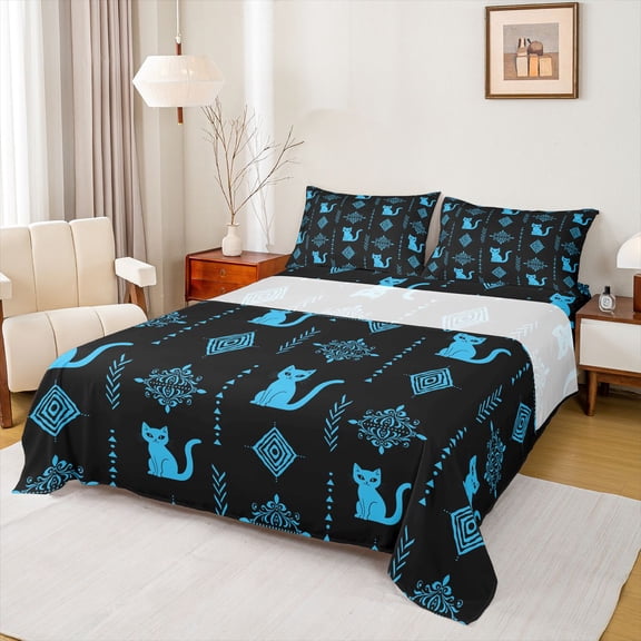Feelyou Western Aztec Damask Queen Sheet Sets, Cartoon Boho Cat Bed Set, 4 Pieces