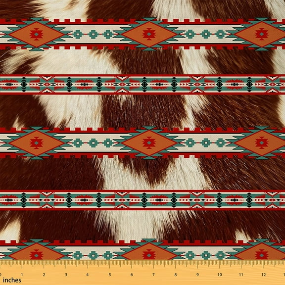 Feelyou Western Aztec Fabric by the Yard 2 Yards, Tribal Geometric Home Decor Fabric by the Yard, Farmhouse Cow Print Sewing Fabric, Lightweight Room Decor
