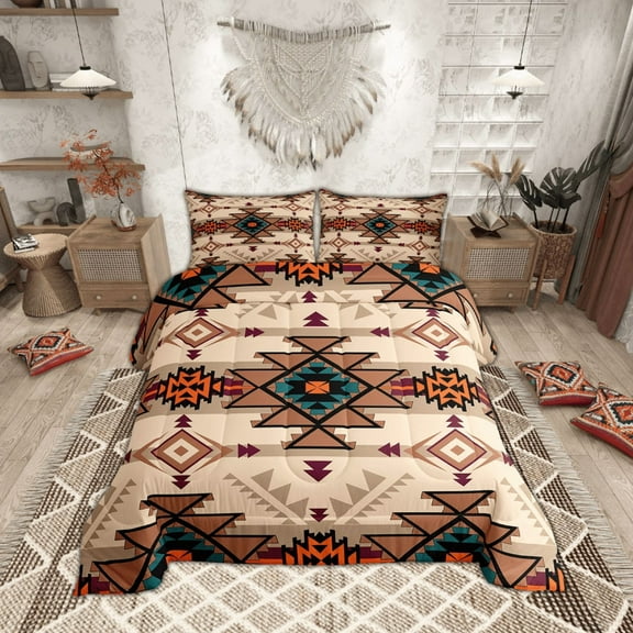 Feelyou Western Aztec Full Size Comforter Sets, Tribal Triangle Bedding Comforter Set, Bohemian Mandala Style Bedding Sets, Lightweight Room Decor,3-Piece