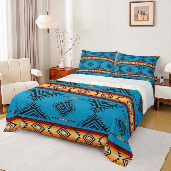 Feelyou Western Aztec Print Bed Sheets, Blue Hippie Triangle King Sheets, Mandala Bohemian Style Sheet Set, Microfiber Bedroom Decor, 4pcs
