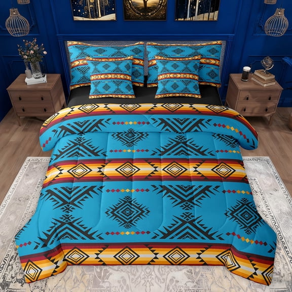 Feelyou Western Aztec Print Bedding Comforter Set 7pcs, Blue Hippie Triangle King Bedding Sets, Mandala Bohemian Style Reversible Bed Sheets, Microfiber Bedroom Decor