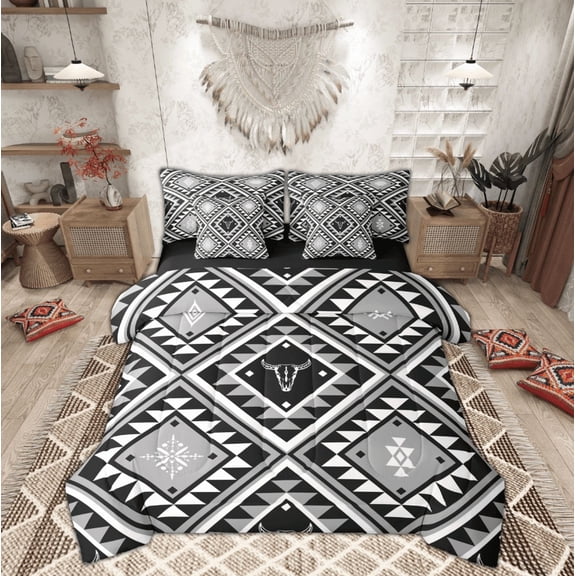 Feelyou Western Aztec Twin Bedding Sets 7-Piece, Triangle Square Bedding Comforter Set, Hippie Bohemian Theme Reversible Sheet Sets, Ultra Soft Home Decor