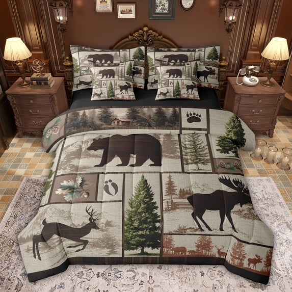 Feelyou Western Bear Deer Twin Bedding Sets 7-Piece, Vintage Rustic Patchwork Bedding Comforter Set, Farmhouse Lodge Cabin Reversible Sheet Sets, Lightweight Room Decor