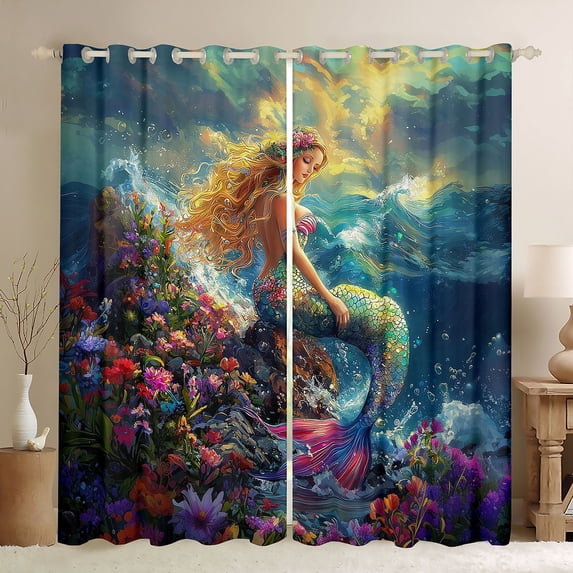 Feelyou Western Beautiful Mermaid Princess Blackout Curtains Set of 2 (52x84 Each) for Girls, Flower Floral Marine Window Curtains, Gold Green