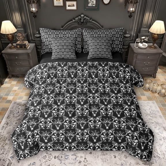 Feelyou Western Black Damask Bedding Comforter Set 7pcs, Sheep Skull Queen Bedding Sets