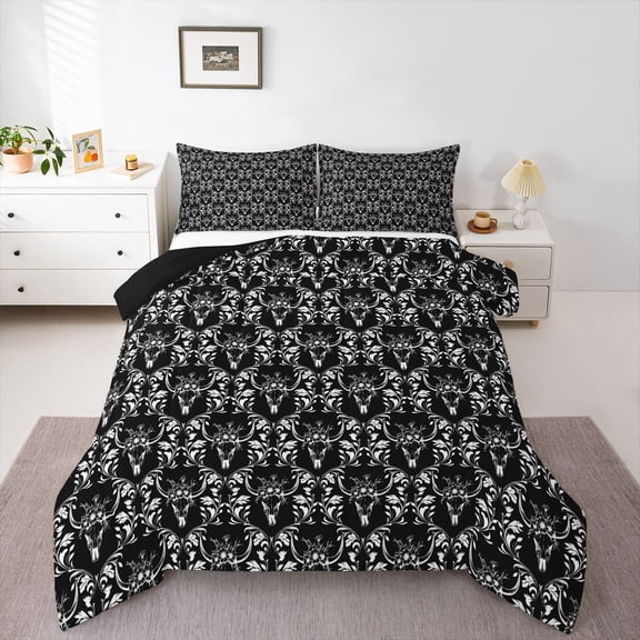 Feelyou Western Black Damask Twin Comforter Sets, Farmhouse Sheep Skull Bedding Set, 2pcs