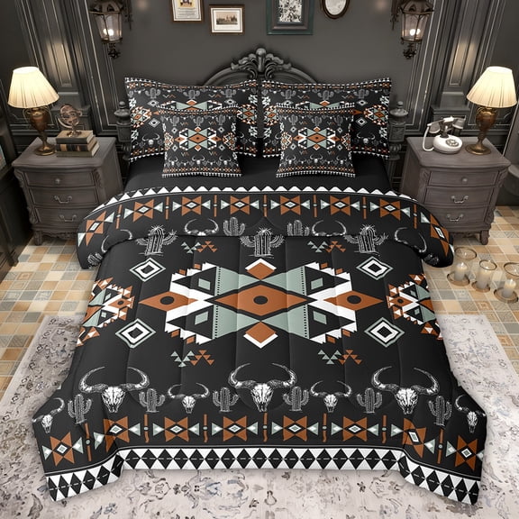 Feelyou Western Bohemian Aztec Bedding Comforter Set 7pcs, Black Brown Vintage Square King Bedding Sets, Farmhouse Sheep Skull Reversible Bed Sheets, Lightweight Room Decor