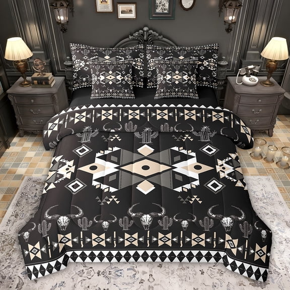 Feelyou Western Bohemian Aztec Bedding Comforter Set 7pcs, Black Khaki Vintage Square King Bedding Sets, Farmhouse Sheep Skull Reversible Bed Sheets, Breathable Home Decor