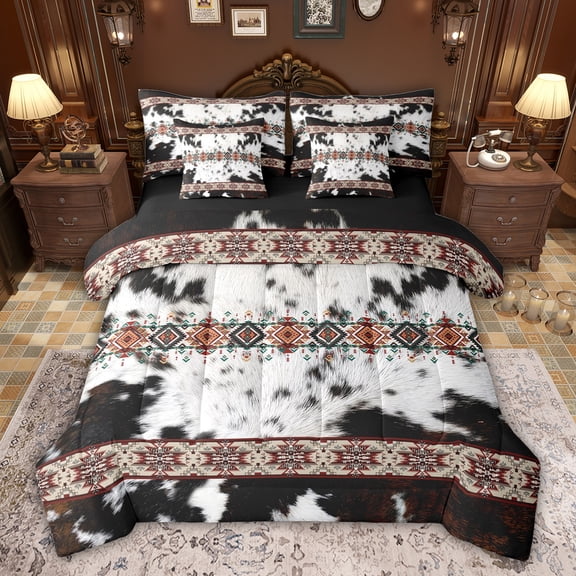 Feelyou Western Bohemian Aztec Bedding Comforter Set 7pcs, Rustic Cow Print King Bedding Sets, Vintage Fashion Style Reversible Bed Sheets, Super Cozy Room Decor