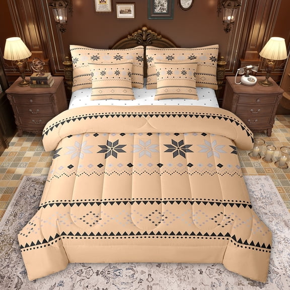 Feelyou Western Bohemian Aztec Bedding Comforter Set 7pcs, Wheat Tribal Square King Bedding Sets, Vintage Fashion Style Reversible Bed Sheets, Microfiber Bedroom Decor