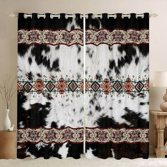 Feelyou Western Bohemian Aztec Black Out Curtains, Rustic Cow Print Curtains Pack of 2 (42x63 Each), Vintage Fashion Style Bedroom Curtains, Black Out Curtains Decor