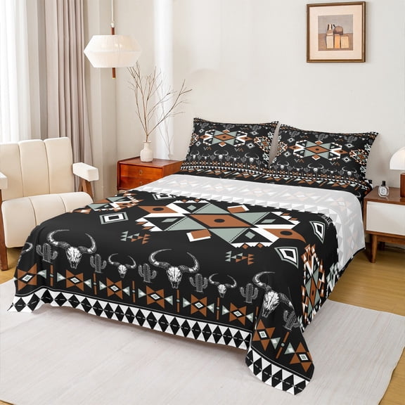 Feelyou Western Bohemian Aztec Twin Sheet Sets, Black Brown Vintage Square Twin Fitted Sheet, Farmhouse Sheep Skull Flat Sheet, Lightweight Room Decor, 3-Piece