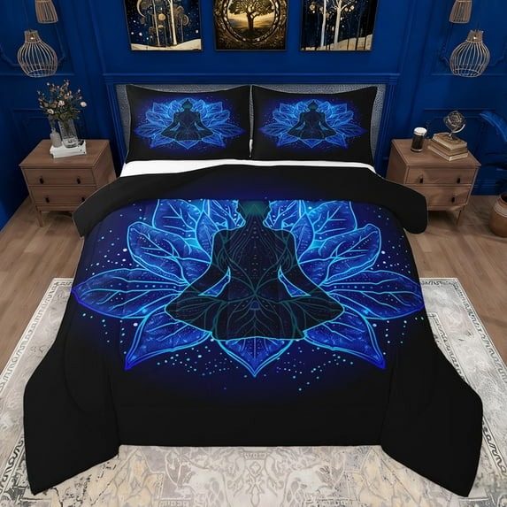 Feelyou Western Bohemian Yoga Bedding Comforter Set, Blue Lotus Flower Twin Comforter Sets, Vintage Mandala Damask Flower Reversible Bedding Set, Ultra Soft Bedroom Decor, 2pcs