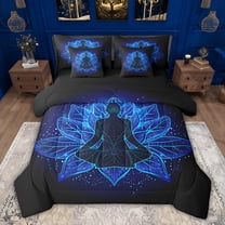 Feelyou Western Bohemian Yoga Twin Bedding Sets 7-Piece, Blue Lotus Flower Bedding Comforter Set, Vintage Mandala Damask Flower Reversible Sheet Sets, Ultra Soft Bedroom Decor