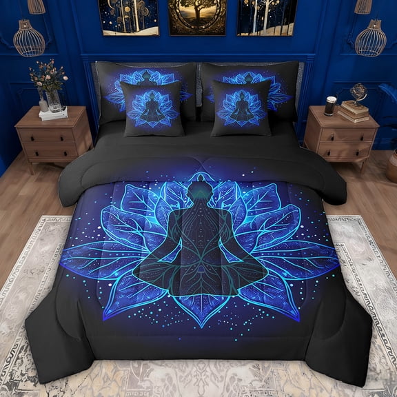 Feelyou Western Bohemian Yoga Twin Bedding Sets 7-Piece, Blue Lotus Flower Bedding Comforter Set, Vintage Mandala Damask Flower Reversible Sheet Sets, Ultra Soft Bedroom Decor