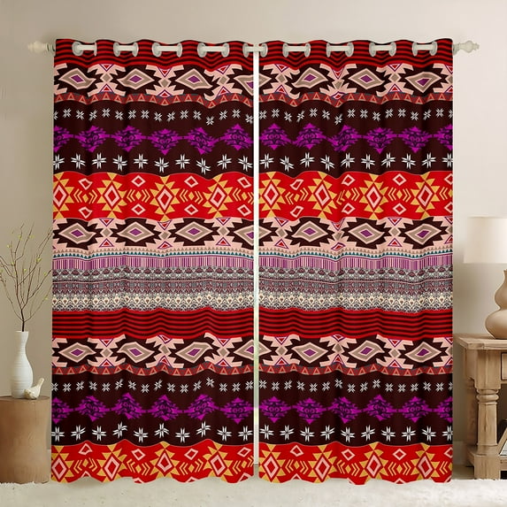 Feelyou Western Boho Aztec Blackout Curtains Set of 2 (52x84 Each) for Teens, Red Tribal Square Window Curtains, Vintage Fashion Style Curtains and Drapes, Window Curtains Decor