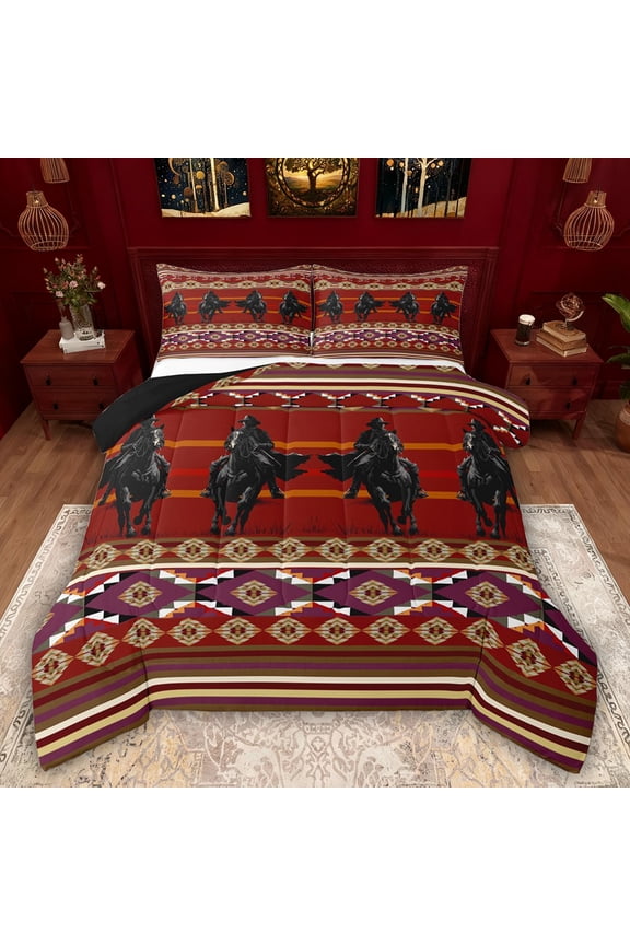 Western Boho Aztec Queen Comforter Set, Cowgirl Cowboy Bedding Comforter Set, 3pcs