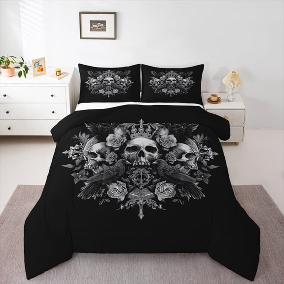 Feelyou Western Boho Skeleton Bedding Comforter Set for Men, Gothic Crow Flower Twin Comforter Sets, Romantic Anniversary Reversible Bedding Set, Super Cozy Room Decor, 2pcs