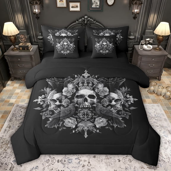 Feelyou Western Boho Skeleton Twin Bedding Sets 7-Piece for Men, Gothic Crow Flower Bedding Comforter Set, Romantic Anniversary Reversible Sheet Sets, Super Cozy Room Decor