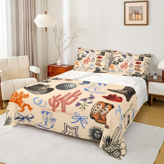 Feelyou Western Cactus Plant Bed Sheets, Hippie Cowboys Boot King Sheets, Teens kdis Boys Girls Sheet Set, Ultra Soft Bedroom Decor, 4 Pieces