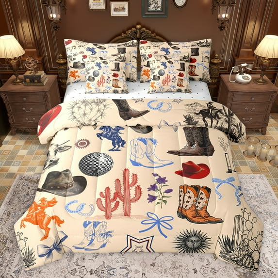 Feelyou Western Cactus Plant Bedding Comforter Set 7pcs, Hippie Cowboys Boot Queen Bedding Sets, Teens kdis Boys Girls Reversible Queen Sheet Sets, Ultra Soft Bedroom Decor