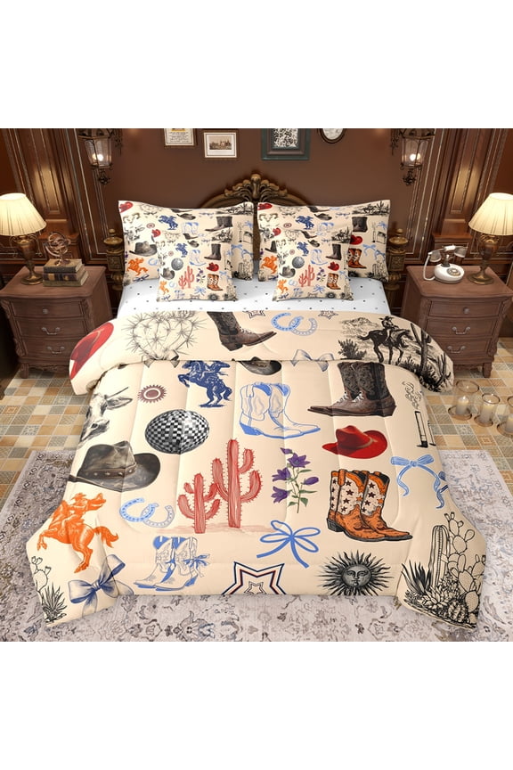 Western Cactus Plant Bedding Comforter Set 7pcs, Hippie Cowboys Boot Queen Bedding Sets, Teens kdis Boys Girls Reversible Queen Sheet Sets, Ultra Soft Bedroom Decor