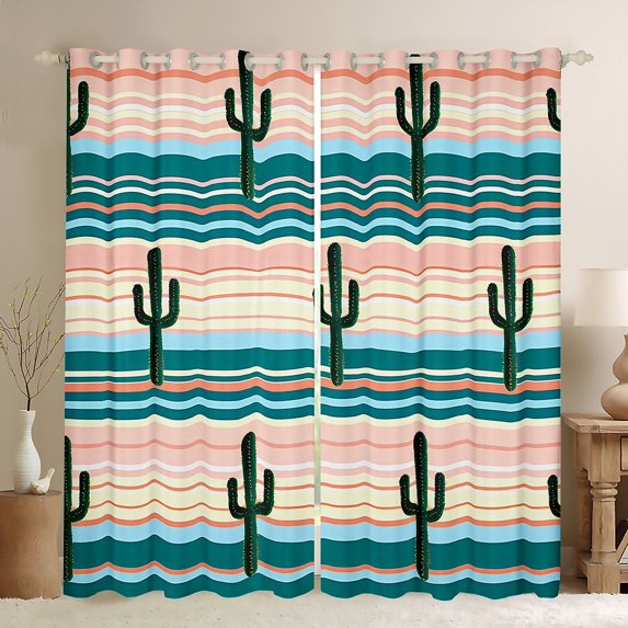 Feelyou Western Cactus Plant Curtains Pack of 2 (42x84 Each) for Kid, Rustic Farmhouse Curtains Blackout, Modern Art Stripes Bedroom Curtains, Living Room Curtains Decor