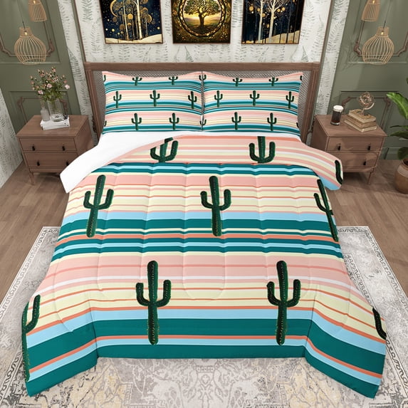 Feelyou Western Cactus Plant Full Size Comforter Sets for Kid, Rustic Farmhouse Bedding Comforter Set, Modern Art Stripes Bedding Sets, Ultra Soft Bedroom Decor, 3-Piece