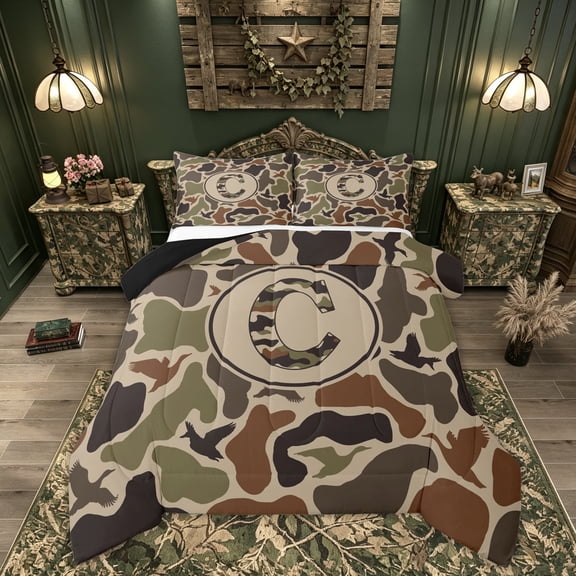 Feelyou Western Camo Monogram C Queen Comforter Set for Enthusiasts, Rustic Camouflage Duck Comforter Sets Queen, Black Reversible, 3pcs, 1 Comforter and 2 Pillowcases