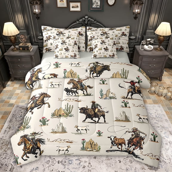 Feelyou Western Cowboy Cowgirl Bedding Comforter Set 7pcs, Hippie Cactus Botanical King Bedding Sets, Rustic Sheep Cow Horse Reversible Bed Sheets, Microfiber Bedroom Decor