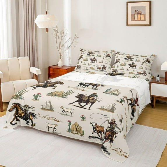 Feelyou Western Cowboy Cowgirl Queen Sheet Sets, Hippie Cactus Botanical Flat Sheet, Rustic Sheep Cow Horse Queen Fitted Sheet, Microfiber Bedroom Decor, 4pcs