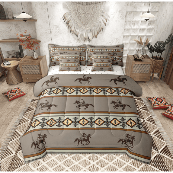 Feelyou Western Cowboy Horse Bedding Comforter Set 7 Pieces, Hippie Aztec Triangle Full Bedding Set, Vintage Western Geometric Reversible Fitted Sheet Flat Sheet, Microfiber Bedroom Decor