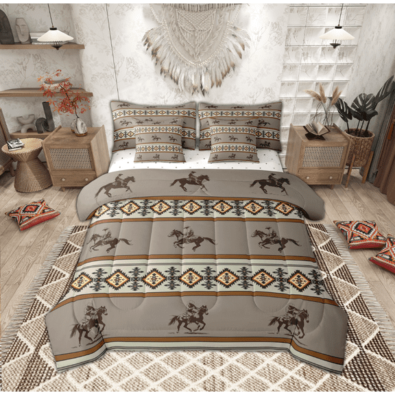 Feelyou Western Cowboy Horse Bedding Comforter Set 7pcs, Hippie Aztec Triangle Queen Bedding Sets, Vintage Western Geometric Reversible Queen Sheet Sets, Microfiber Bedroom Decor
