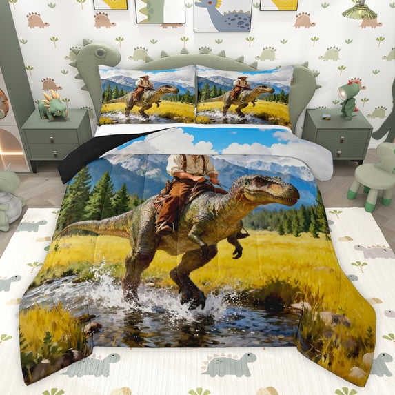 Feelyou Western Cowboy Queen Comforter Set, Wildlife Dinosaur Bedding Comforter Set, 3pcs