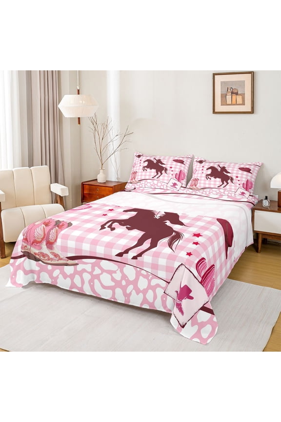 Western Cowgirl Bed Sheets, Pink Buffalo Plaid King Sheets, 4 Pieces
