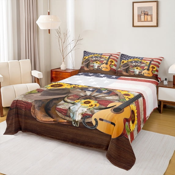 Feelyou Western Cowgirl Boot Bed Sheets, Hippie Sheep Skull Skeleton King Sheets, Vintage US Flag Sheet Set, Breathable Home Decor, 4 Pieces