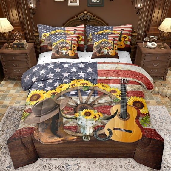 Feelyou Western Cowgirl Boot Bedding Comforter Set 7 Pieces, Hippie Sheep Skull Skeleton Full Bedding Set, Vintage US Flag Fitted Sheet Flat Sheet, Breathable Home Decor