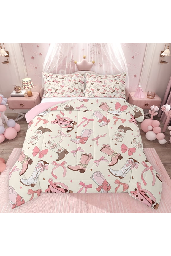 Western Cowgirl Boot Bedding Comforter Set, Cartoon Princess Bow-tie Twin Comforter Sets, Teens Kids Girls Women Reversible Bedding Set, Breathable Home Decor, 2pcs