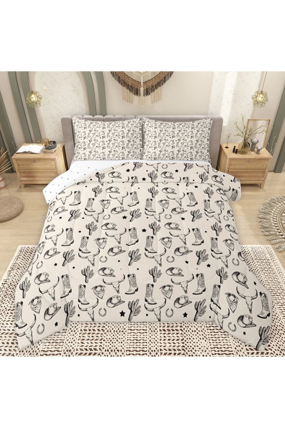 Western Cowgirl Boot Queen Comforter Set, Boho Sheep Skull Bedding Set, 3pcs