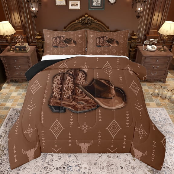 Feelyou Western Cowgirl Boot Queen Comforter Set for Teens, Boho Aztec Triangle Bedding Sets, Vintage Countryside Reversible Bedding Comforter Set, Microfiber Bedroom Decor, 3 Pieces